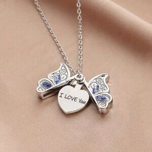 Blue Rhinestone Openable Butterfly "I Love You" Pendant Necklace